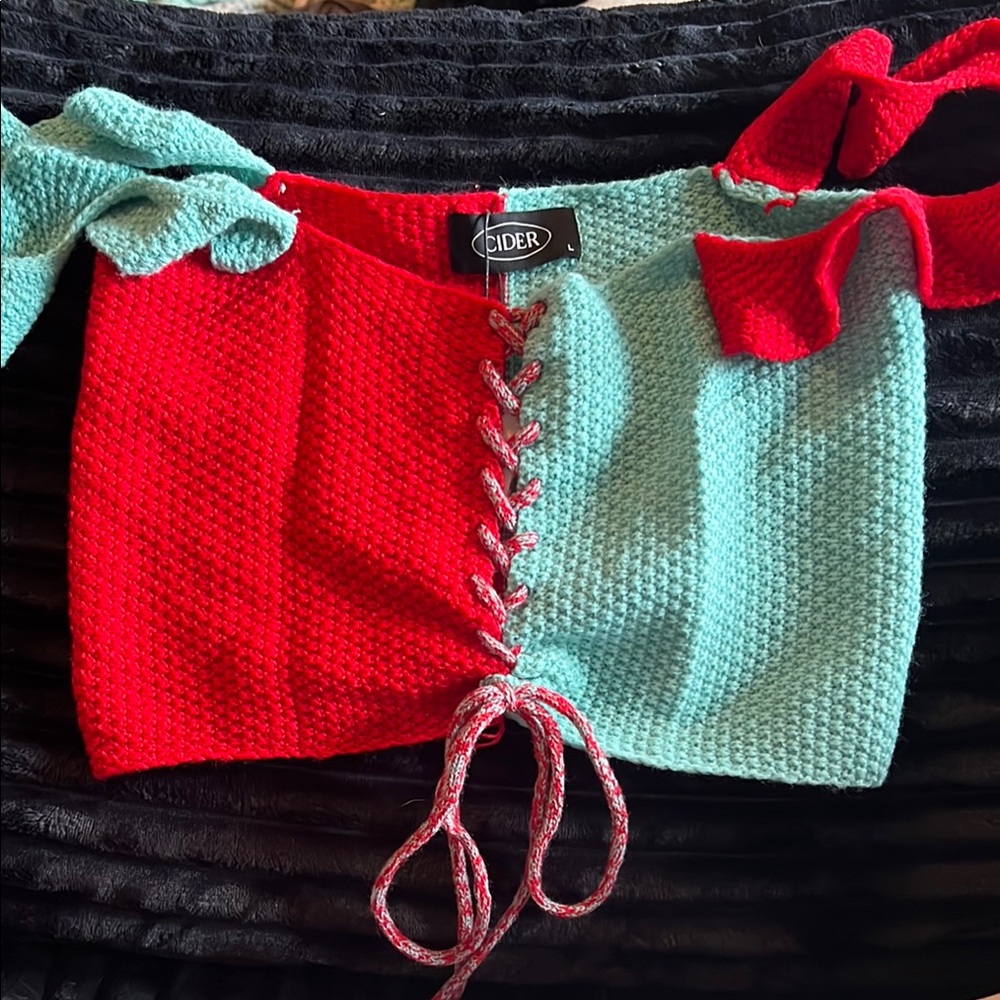 Cider Red and Green Lace-Up Top